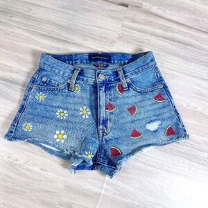 Aeropostale Blue High Waist Denim Shorts with Watermelon and Daisy Embroidery